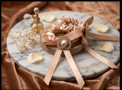 Luxury Rhinestone Heart & Circle Satin Bow Scrunchies (Pair)